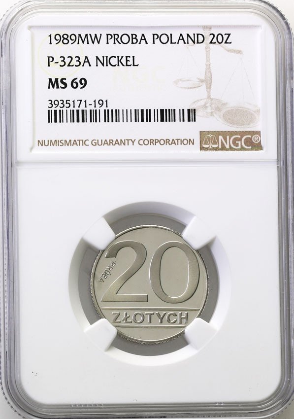 PRL. PRÓBA Nikiel 20 złotych 1989 nominał napis PRÓBA odwrócony NGC MS69 (MAX)